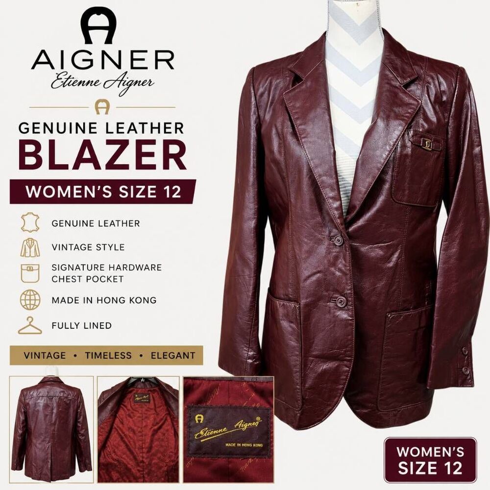Etienne Aigner Burgundy Genuine Leather Blazer Jacket Women's Size 12 Vintage - Picture 2 of 10